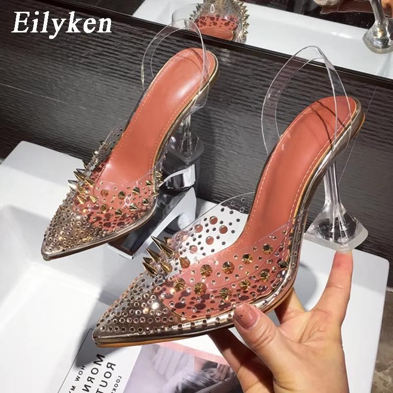 Fashion Eilyken Gold  Silver PVC Transparent Rivet Diamond Pumps Sandals Perspex Heel Pointed Toe Crystal Wedding Shoes
