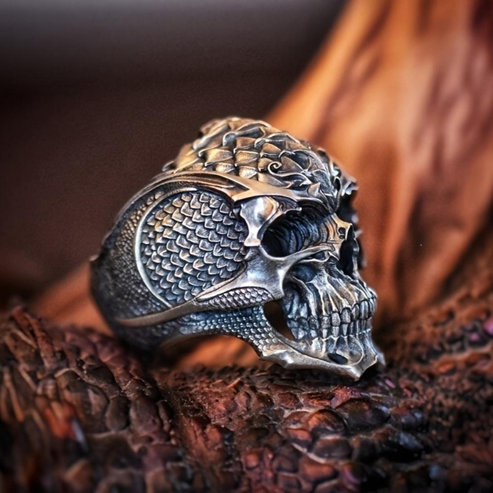 Vintage Punk Stainless Steel Skull Rings For Men Gothic Punk Dragon Scaled Skull Rings Hip Hop Men Motorcycle Rock Biker Jewelry