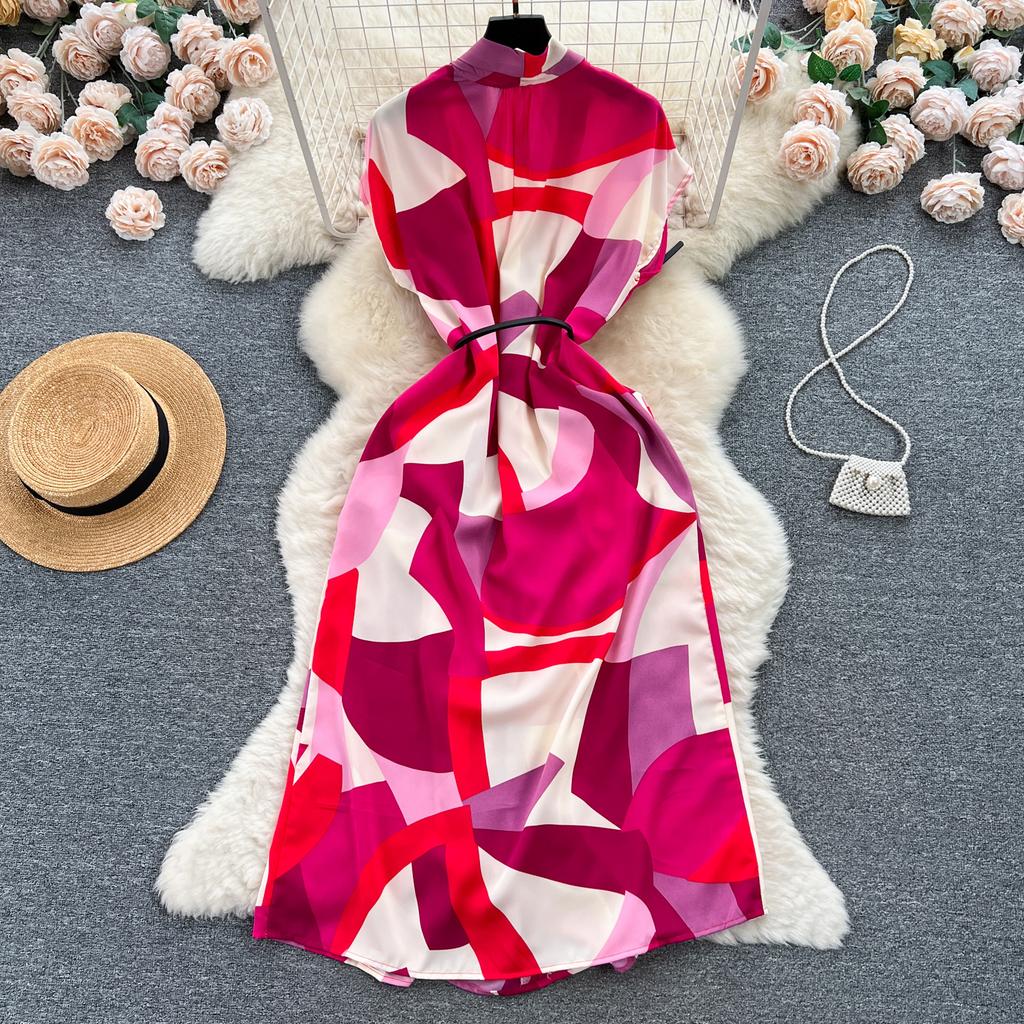 Light Luxury Retro V-neck Printed Dress Women's Summer French Lace-up Waist Loose and Thin Medium and Long Shirt Skirt