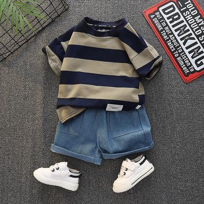 Boys' Summer New Casual Clothes Set, Striped Loose Children's Short Sleeves + Foreign Shorts Two-piece Set