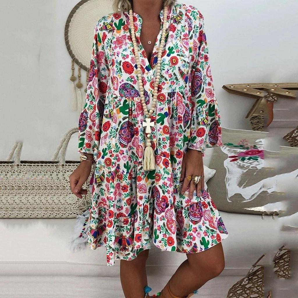 Abito Estivo Stampato Floreale Ampio Casual Scollo a V Manica Lunga Taglie Forti Moda Donna