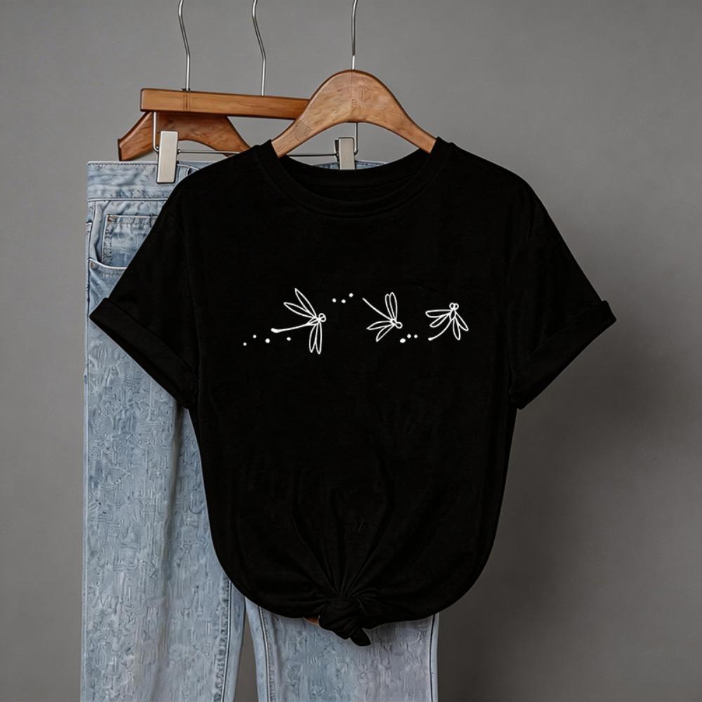 

Women s Round Neck Short Sleeve T Shirt with Artistic Dragonfly Print 90s Graphic Y2k Tee Tops Fashionable Casual Tshirt Clothes S