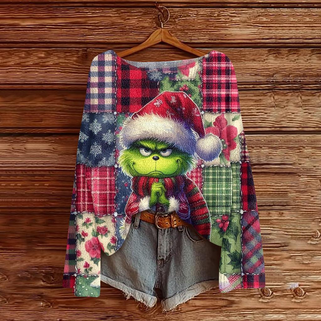 Women's Fashion Round Neck Long Sleeve Christmas Print Casual Knit Pullover Top