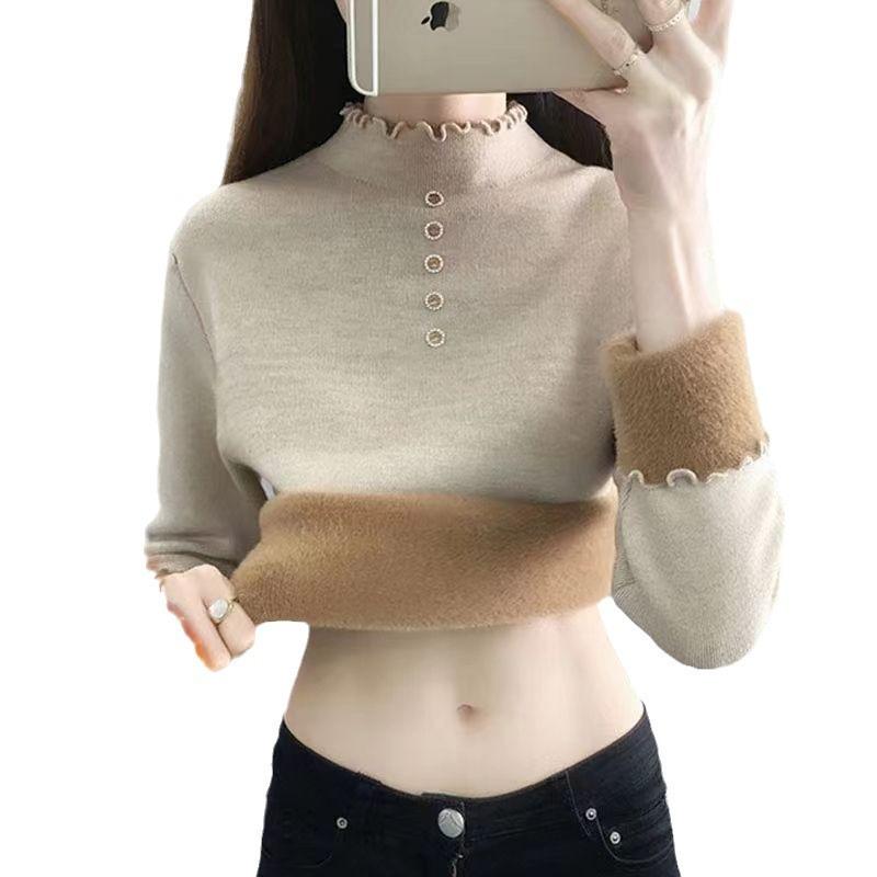 Fungus lace collar fleece thickened knitted bottoming shirt women's autumn and winter new fashion integrated fleece pullover sweater