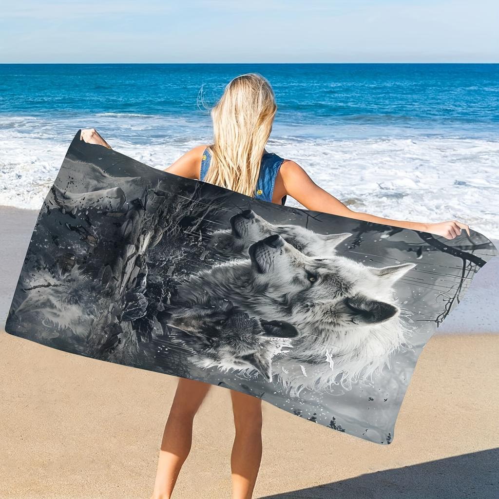 Cute Wolf Print Beach Towel, Adorable Animal Art Quick-Dry Sand-Free Microfiber Bath Towel for Yoga, Swim Pool and Summer Travel