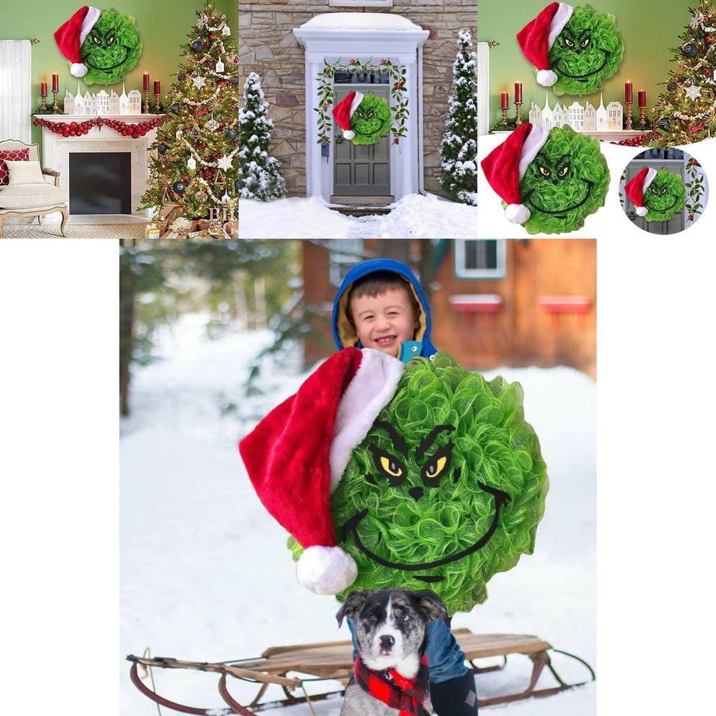 Grinch Green Plush Christmas Wreath Decorative Hanging Ornament For Festive Decor