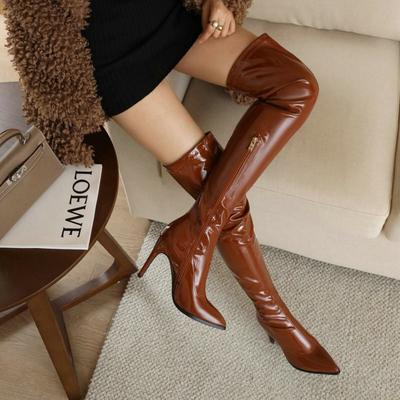 Over Knee Boots Women's Elastic Skinny Boots Black Patent Leather Boots Thighs Boots Pole Dancing Boots Pointed Thin Heels