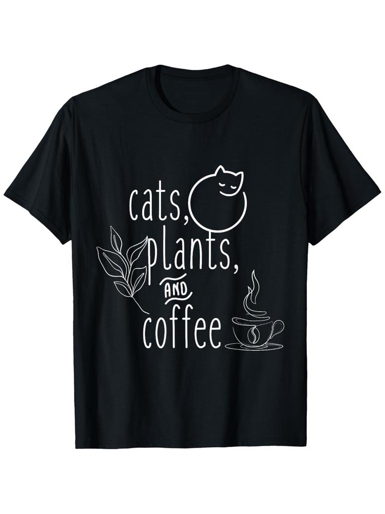 European Size Cats Plants & Coffee Lovers Graphic T-Shirt - 100% Cotton Unisex Casual Tee with Playful Cat, Botanical & Coffee Design