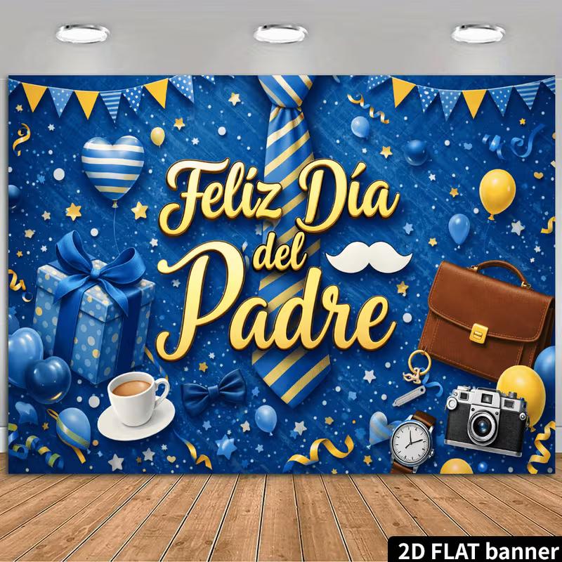 2D Happy Father s Day Spanish Backdrop, Blue Gold & Balloons Party Background 47.2x31.5inch/120*80cm