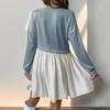 Women Long Sleeve A Line High Waist Pleated Color Block O Neck Long Dress Spring Summer
