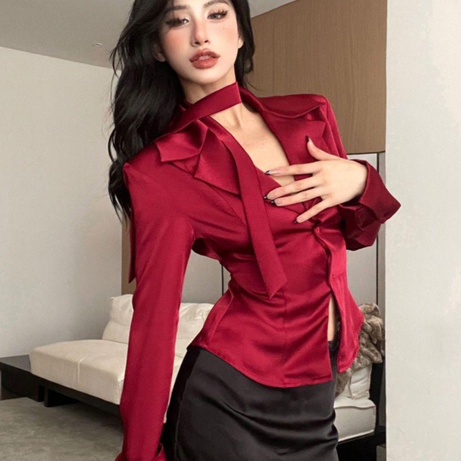 Women's 2024 Spring Satin Ribbon Collar Shirt - French Chic Celebrity Style Short Top