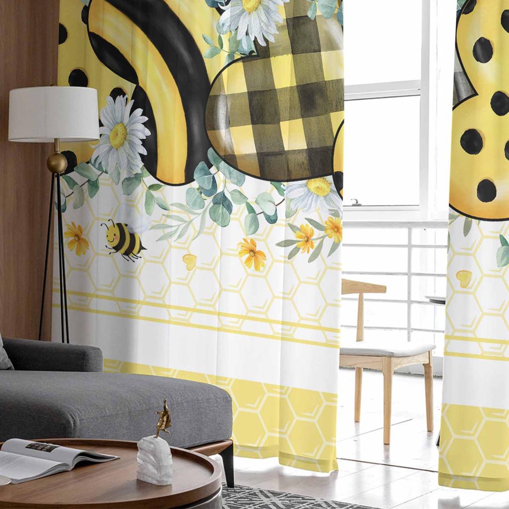 Bee Nest Eucalyptus Leaves Daisy Flower Yellow Voile Sheer Curtains Living Room Window Tulle Curtain Bedroom Drapes Home Decor