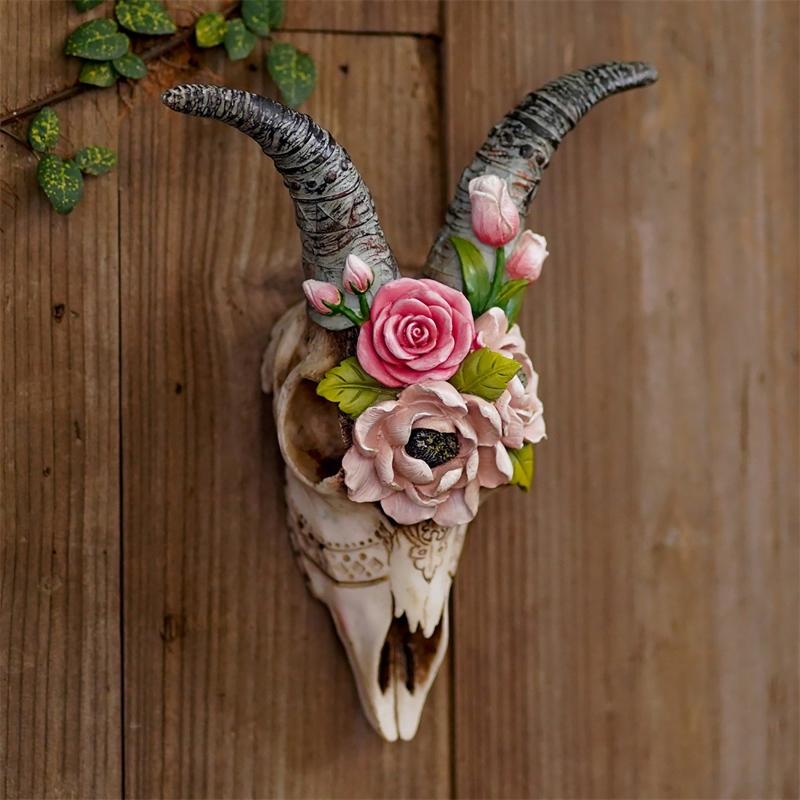 Wall Sculpture Simulation Flower Goat Skull Artwork Props 3D Animal Crafts Decor