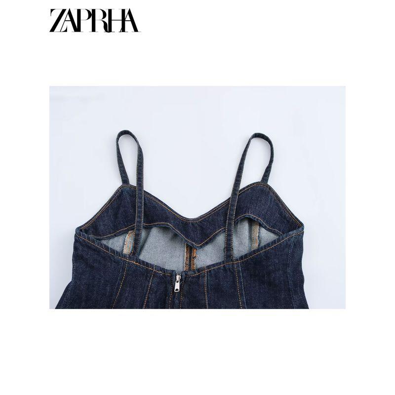 Zaprha2025 New Arrival American Sexy Wavy Style Wide Swing V Neck Camisole Denim Tops Ladies 8197064