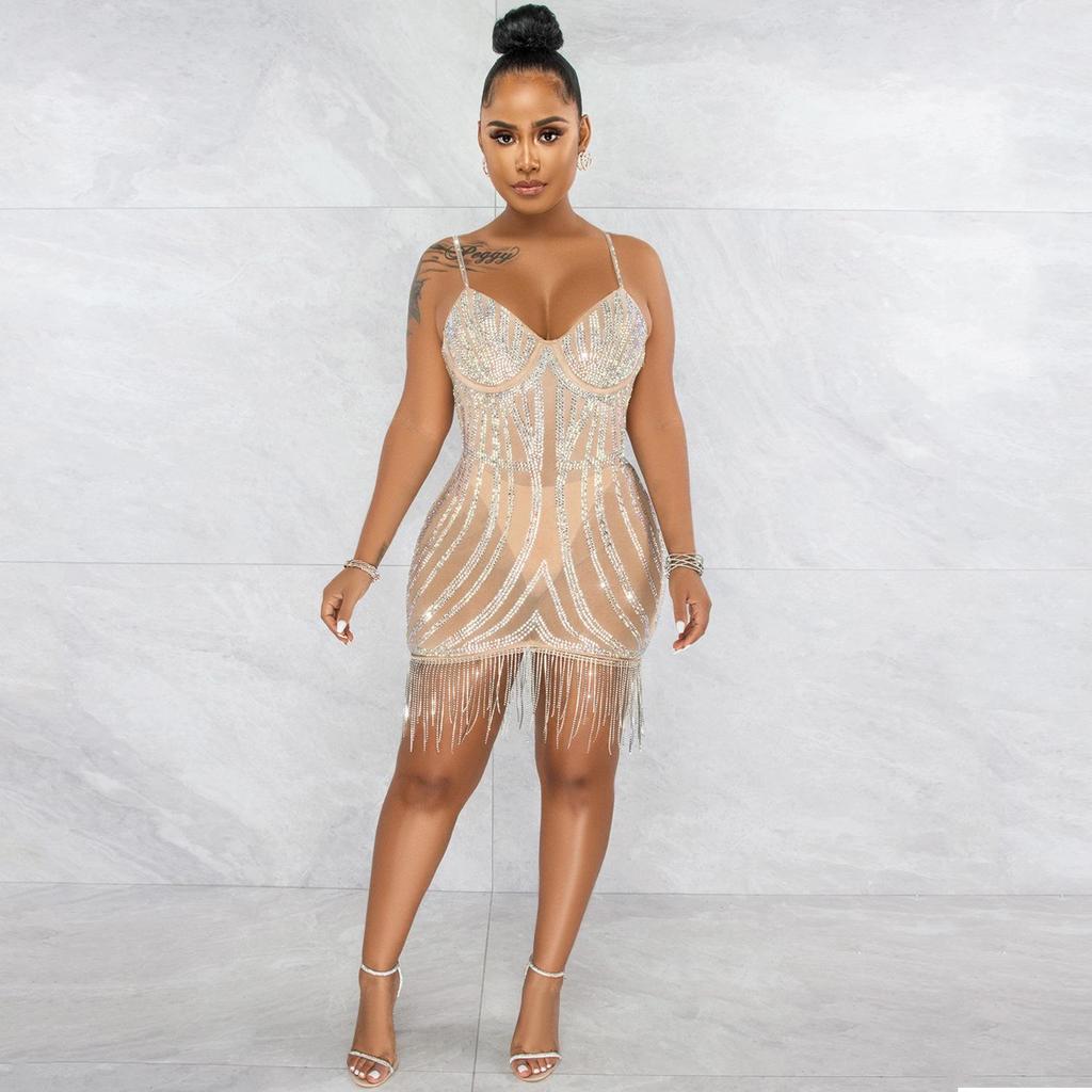 X5633 Strass-Spaghettiträger Fransen Bandagekleid - Sexy Ärmelloses Minikleid