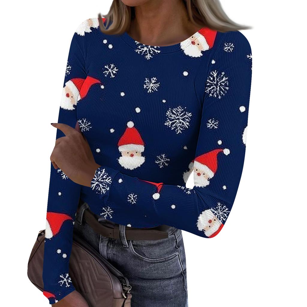 Women's Fashion Slim-Fit Round Neck Base Layer T-Shirt Christmas Print Long-Sleeved Top