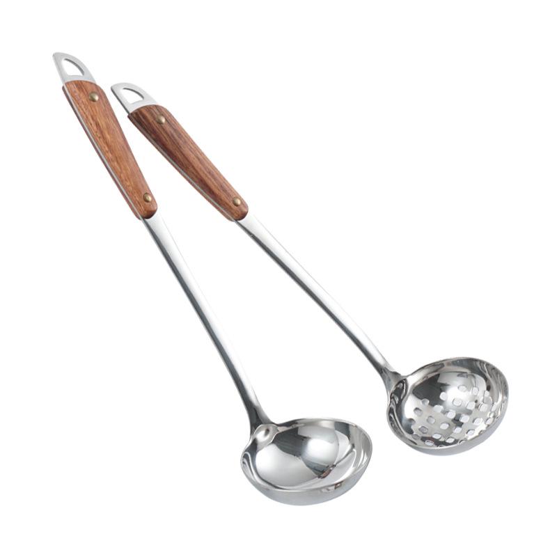 2022 New Wooden Handle Stainless Steel Hot Pot and Slotted Soup Ladle with Laser Logo
