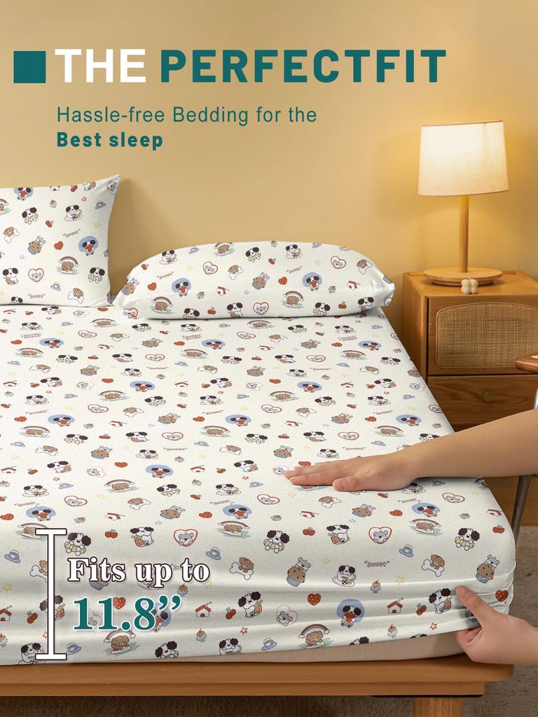 Cartoon 1 Cute Fun Animal Dog Printed Matte Fitted Sheet, Bedroom Printed Bed Cover, Bedding Excluding Pillowcases