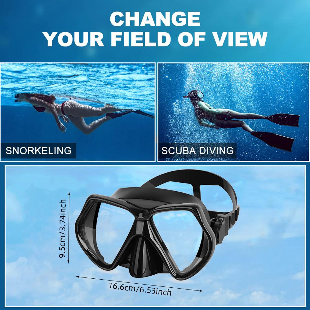 Snorkel Mask Swimming Goggles Diving Training Skirt Tube Silicone Temp Glass Lens Anti-Leak Anti-Fog Wide View Adjustable Strap