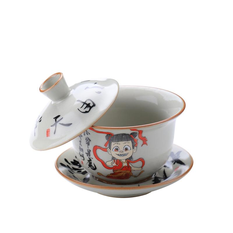 Nezha Attacks the Sea Series Cultural Creation Ru Kiln Open Pattern Personal Use Master Cup High-end Tea Cup Three Talents Cover