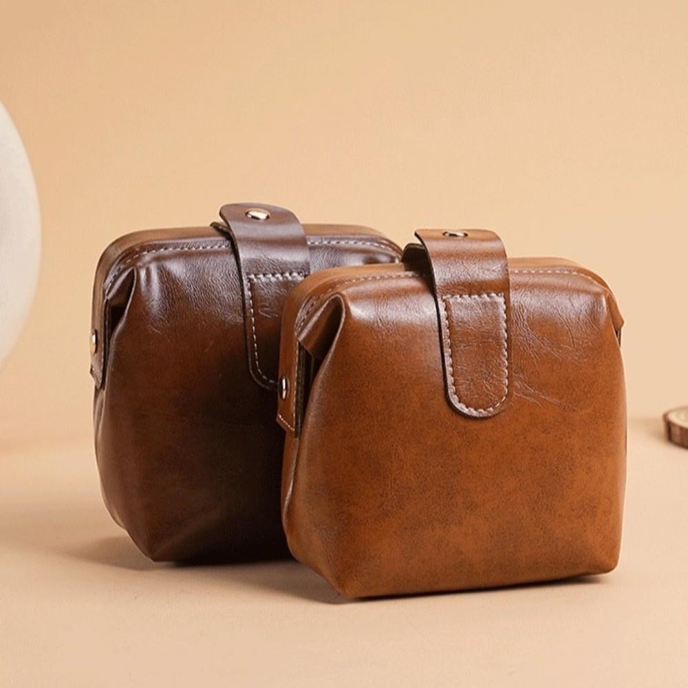 Fashion Vintage PU Leather Cosmetic Bag Solid Color Button Coin Purse Large Capacity Makeup Case