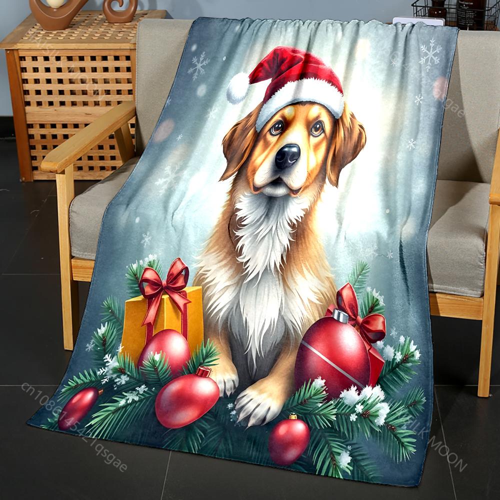 1PC Christmas Dog with Ornaments Pattern Blanket Flannel Material Soft Warm for All Seasons,For Home Outdoor Camping Picnics RV