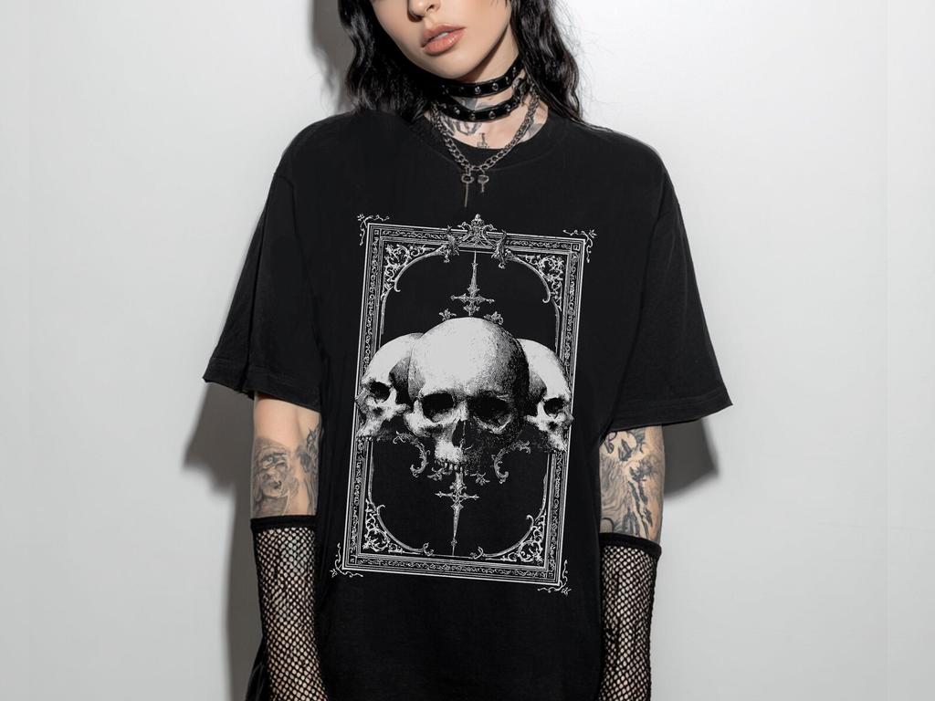 Victorian Gothic Skull T-Shirt, Pastel Goth Emo Graphic Shirt, Alternative Whimisgoth Clothing, Dark Academia Witchy Top, Goth Gift For Her