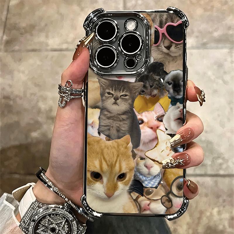 Crying Cats Combine Memes Plating Phone Case For Iphone 16 17 Pro Max Air 16E 14 15 Plus 12 13 Mini Anti-Fall Airabag Cover