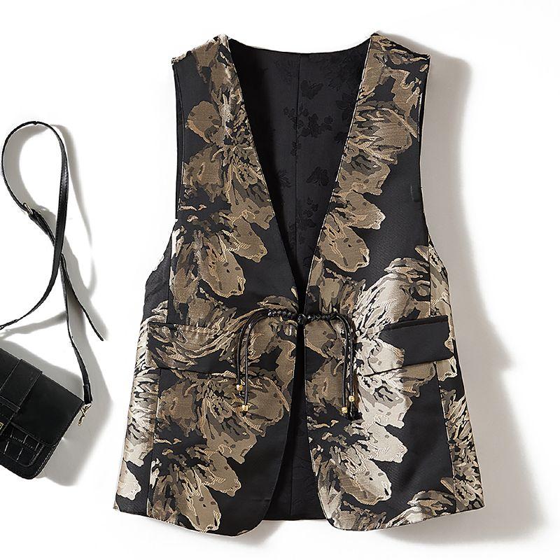 

Flower Coarse Textile Cloth Deep V-neck One Button Double-Sided Vest ~ Lifting Temperament Women Autumn and Winter Overlapping Outerwear Recommend Black L