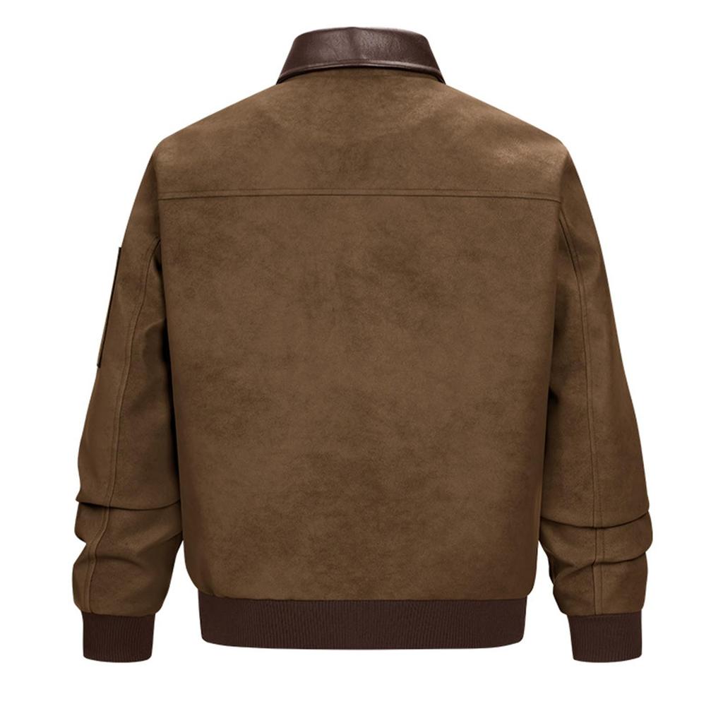 Men's Casual Leather Full Zip Stand Collar Long Sleeve Jacket with Patchwork Retro
