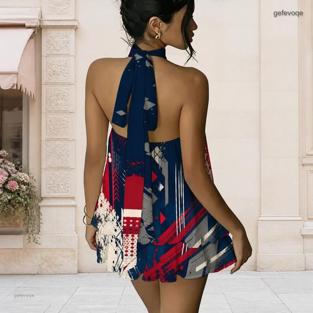 Women Plus Size Halter Neck Sleeveless Open Back Printed Faux Two Piece Layered Mini Dress