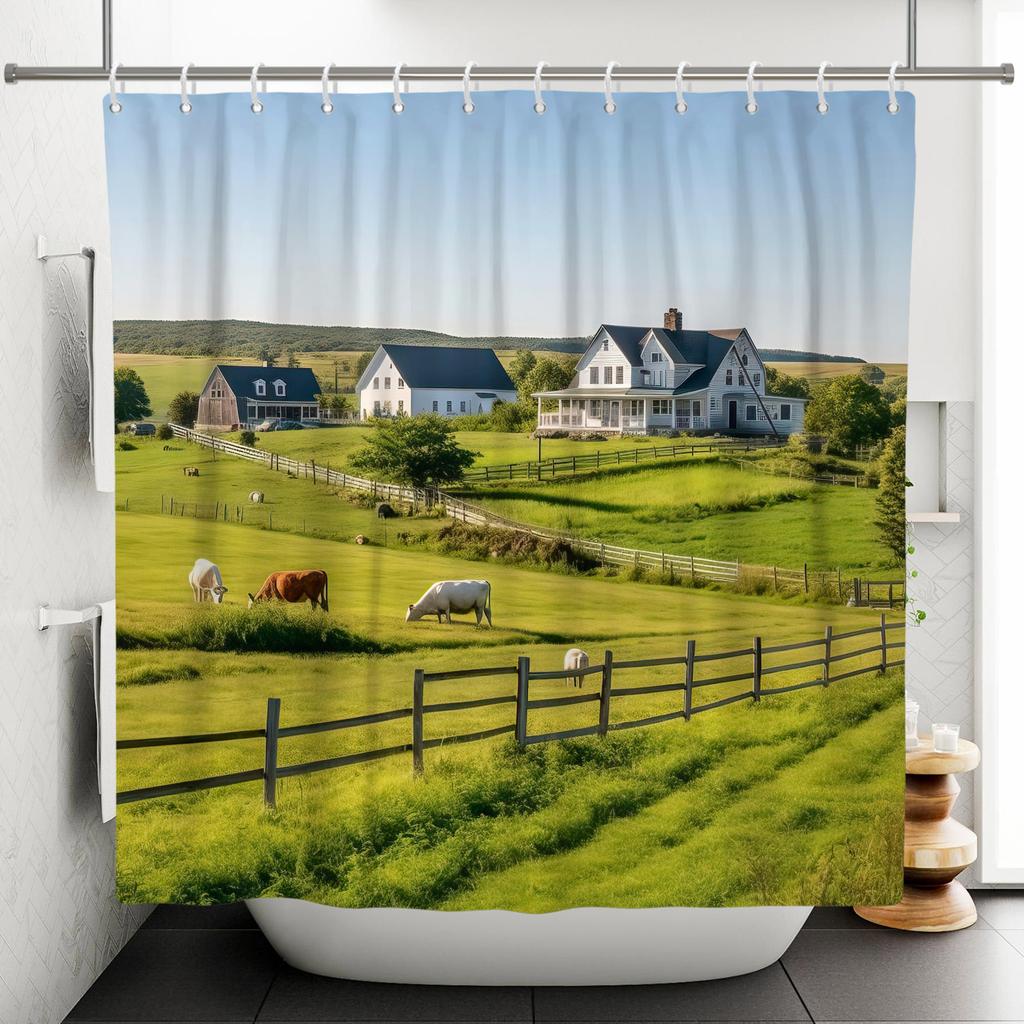 Garden Path Shower Curtain With 12 Hooks Realistic Forest Landscape Butterflies Waterproof Polyester Bathtub Bathroom Curtain