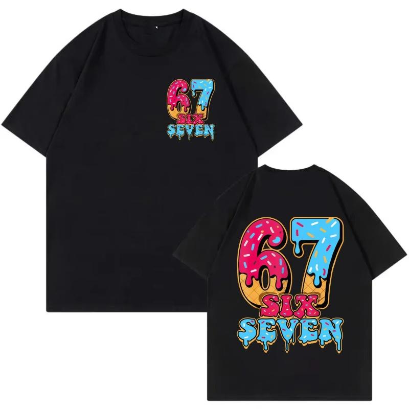 Spring and Summer New Adult and Childrens Funny Six Seven 67 Ice Cream Picture Printed Cotton Casual Short Sleeved Tshirt