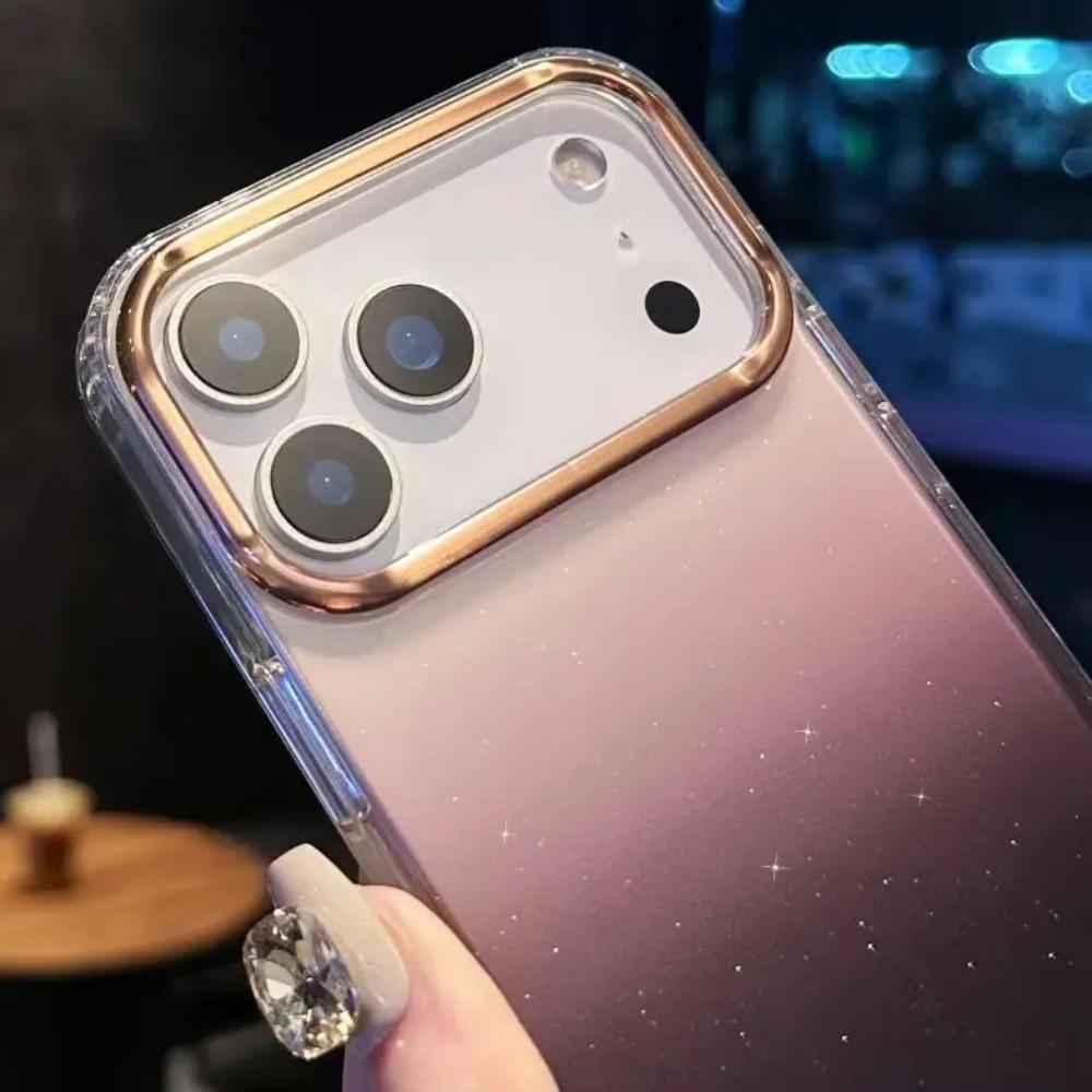 Fashion Gradient Glitter Plating Shockproof Case For iPhone 17Air 16E 15 14 Plus 13 12 11 Pro Max Metal Lens Frame Durable Cover