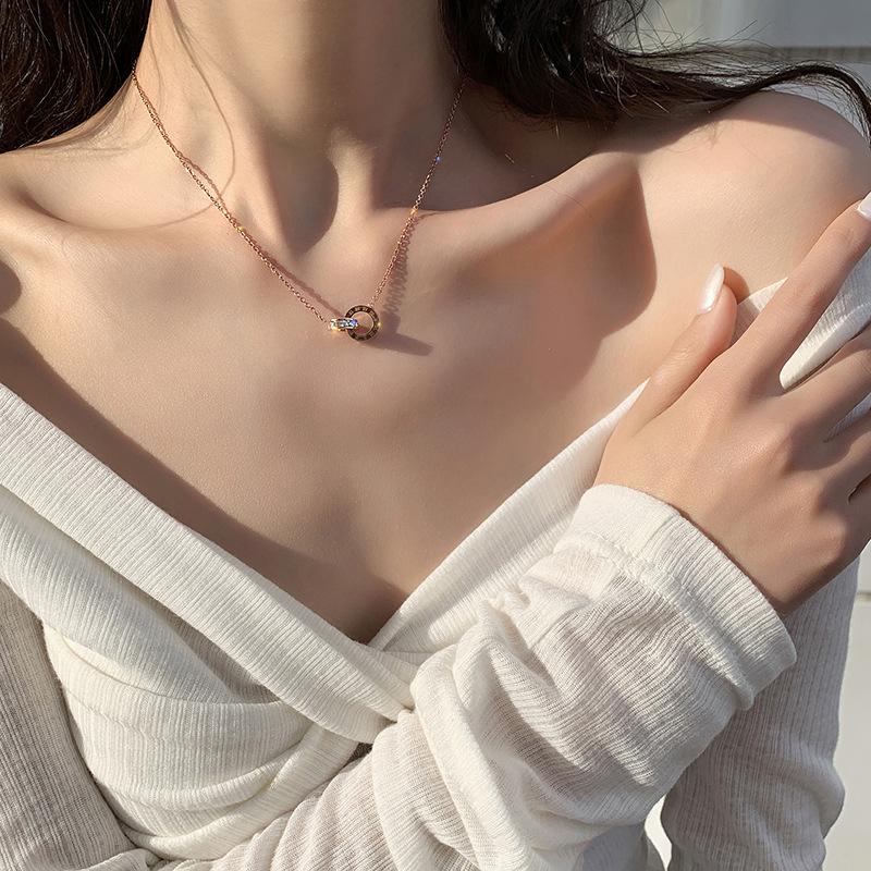 Titanium Steel Roman Numerals Double Ring Pendant Choker Necklace with Rhinestones for Women Fashion Jewelry