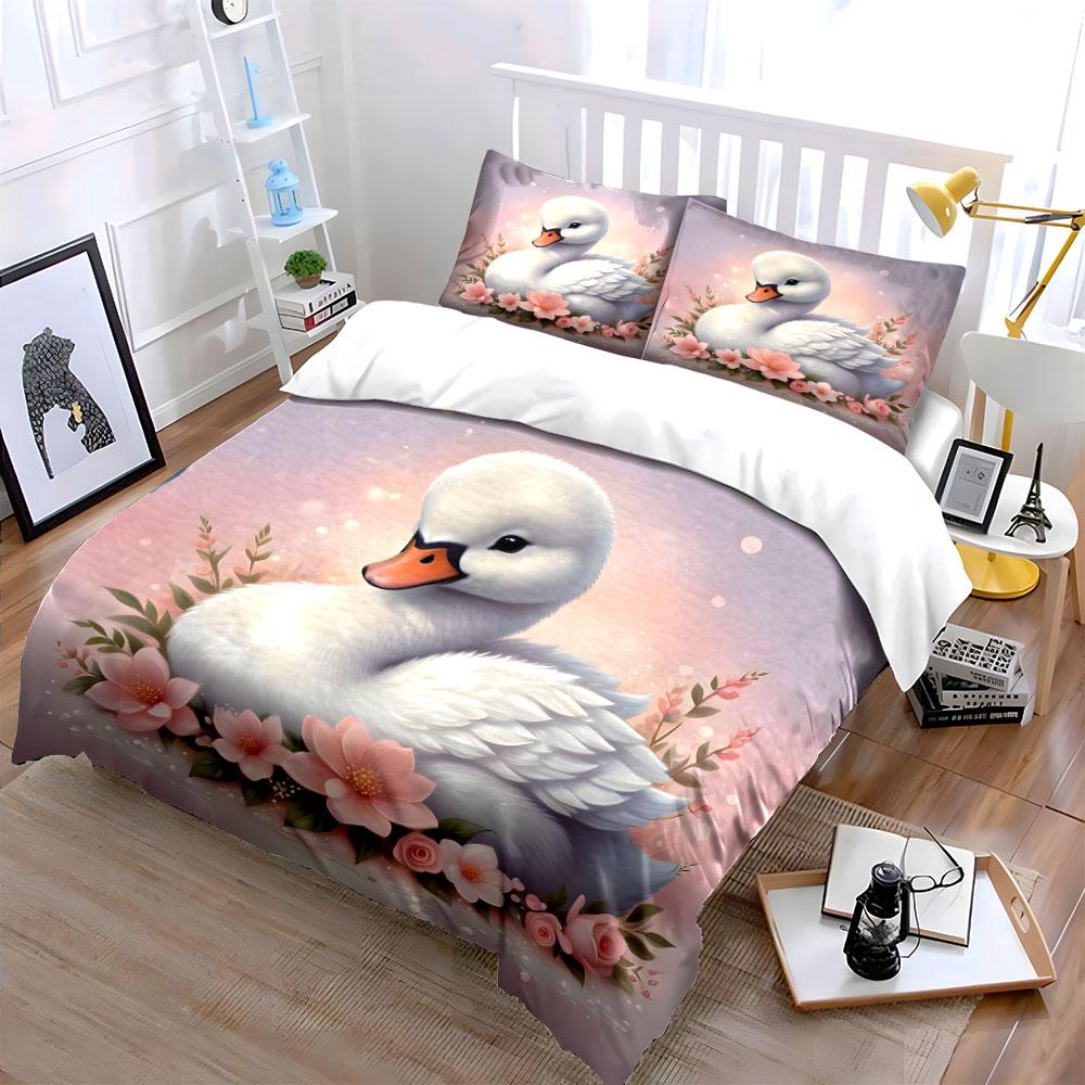 Swan With Pink Floral Background Printed Duvet Cover Set1 Duvet Cover+2 Pillowcasemulti Size Bedroom Bedding Decor