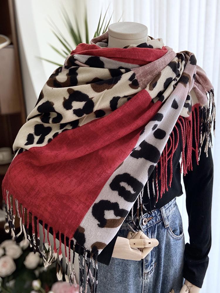 Women Winter Retro Knitted Scarf Ladies Leopard Plaid Print Tassel Scarve Mujer Foulard Wrap Shawl Unisex New Imitation Cashmere