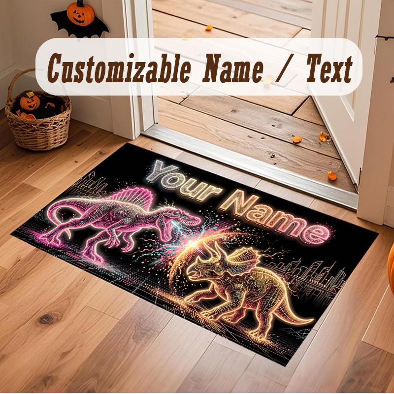 Dinosaur Theme Soft Crystal Velvet Rug Custom Name & Text Print Non Slip Floor Rug for Bedroom Living Room