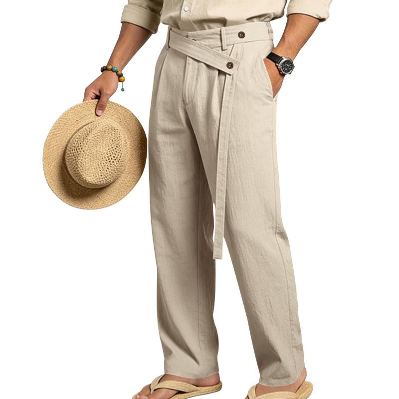 Men Casual Old Money Style Loose Straight Linen Long Pants S хаки