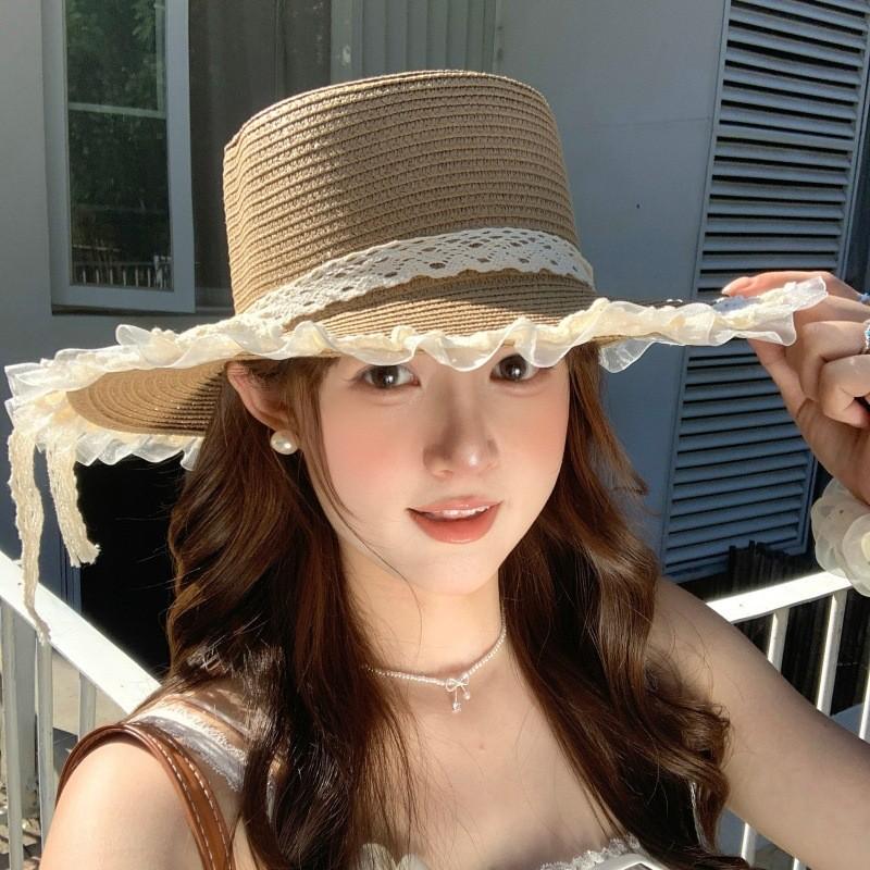 Summer Womens Sun Hat With Lace Ribbon Wide Brim Sun Protection Outdoor Beach Accessory