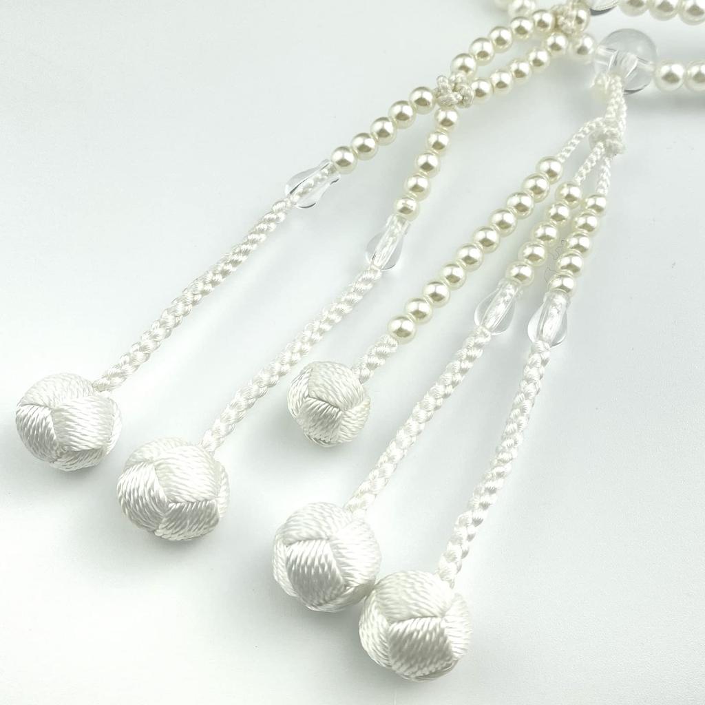 Myorenka Soka Gakkai Prayer Beads, SGI Prayer Beads, Men's and Women's, Medium Size, PC Pearl, Acrylic Crystal, White Ball Tassel