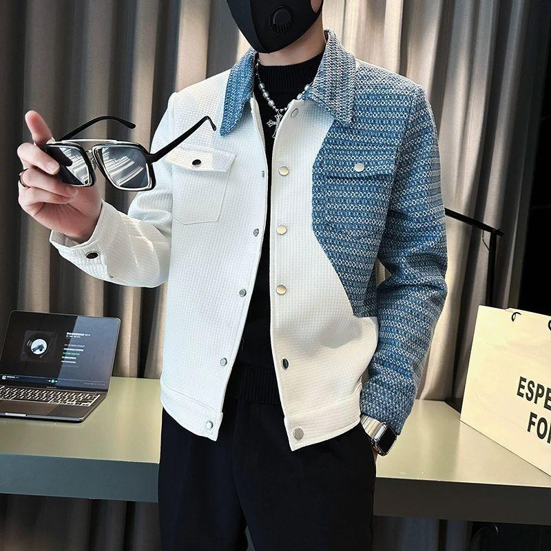 Men's Color Block Tweed Patchwork Jacket - Casual Turn Down Collar Button Up Coat for Street Style