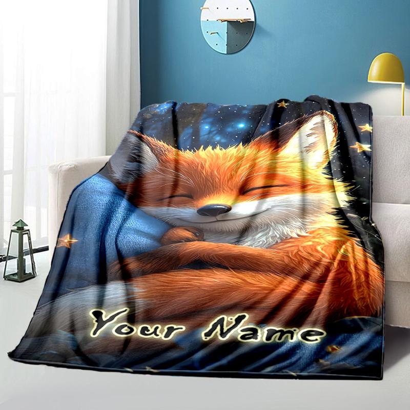1PC Custom Name Fox Dreams Stars flannel blanket versatile,all-season throw suitable for the living room,bedroom,camping,travel,and gift