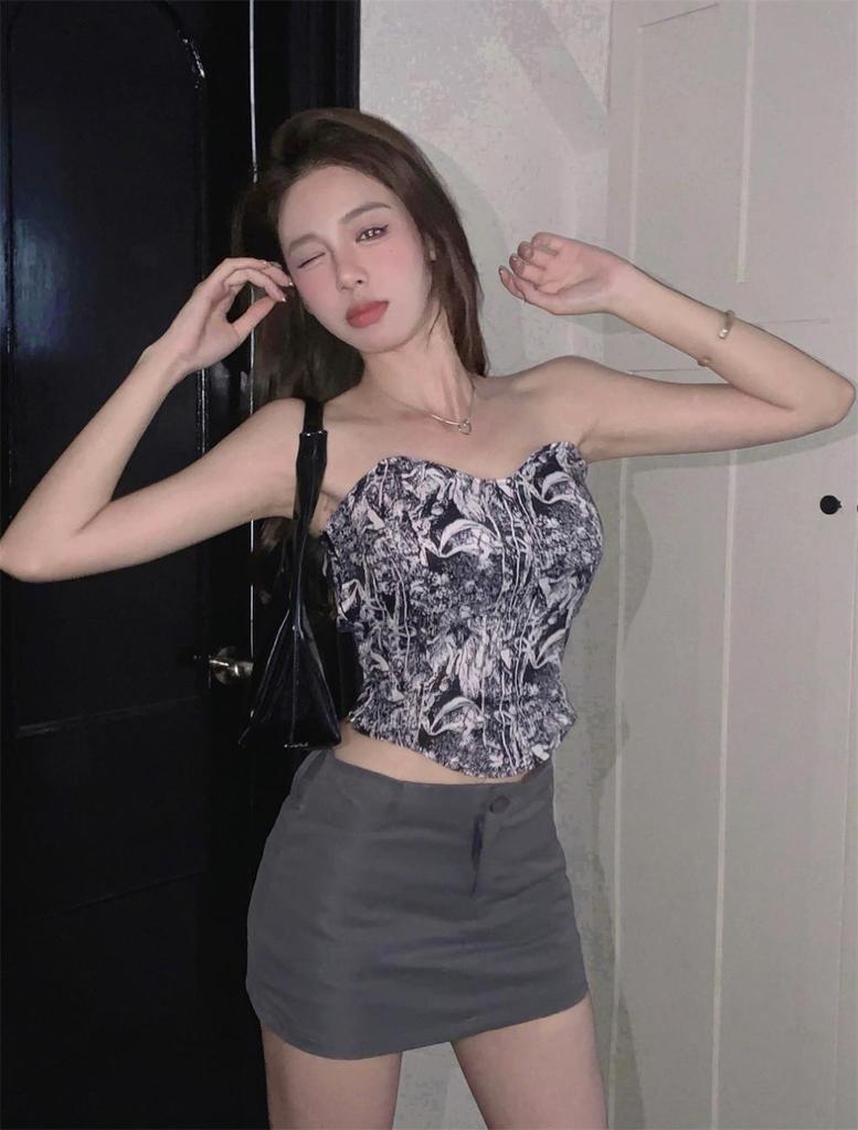 Summer 2025 Retro Slim Fit Printed Sleeveless Bandeau Top for Women - Trendy Student Style