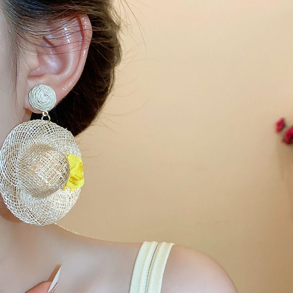 Beach Jewelry Rattan Weave Earrings Flower Straw Hat Earring Sweet Lafite Grass Hat Earrings Women