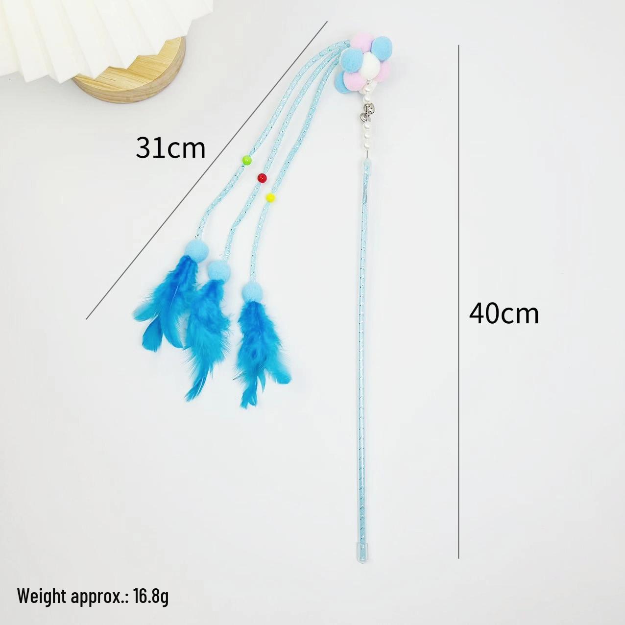 Cat Teaser Wand: Fairy Pom-Pom Tassel, Fur Ball, Feather, Elastic Rope Interactive Toy синий