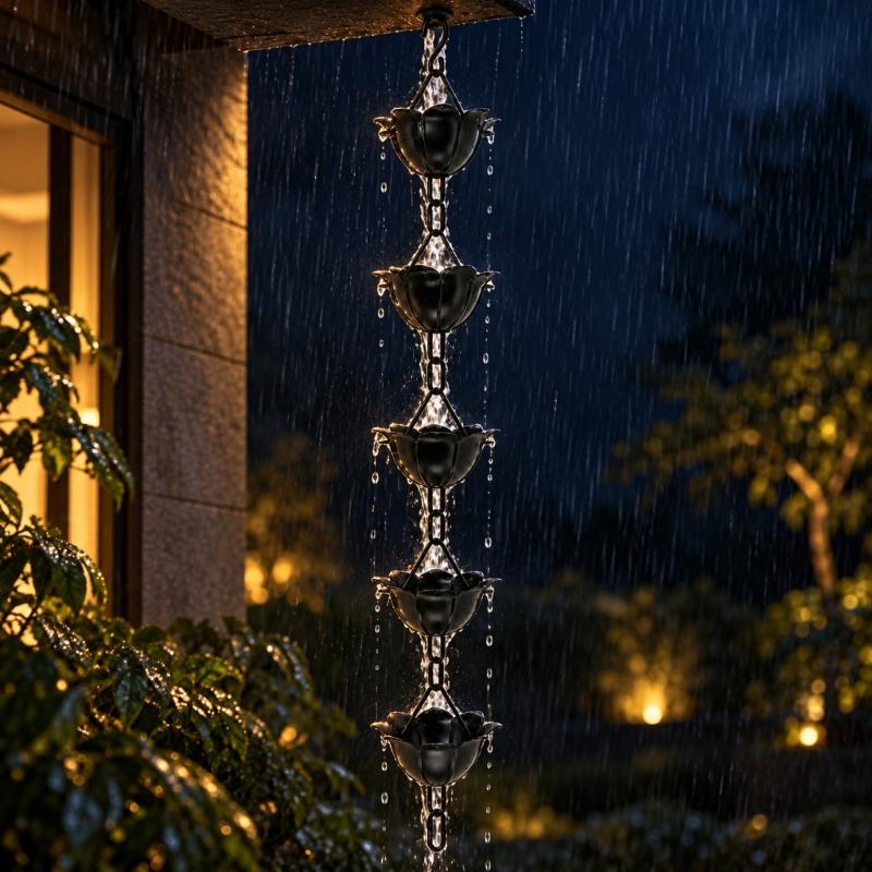 Outdoor Flower Rain Chain for Roof Rainwater, Black Aluminum Hanging Display with Repeating Cups for a Vertical Feature near Gardens and Balconies
