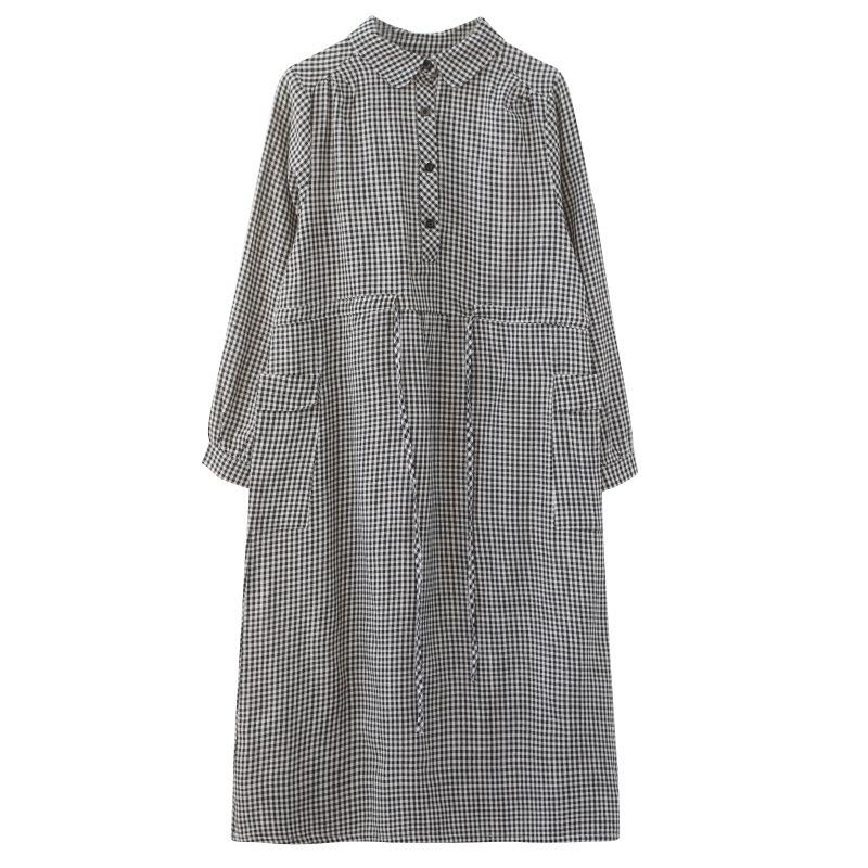 Autumn Korean Loose Patchwork Plaid Long Sleeved Dress Women Lace Up Waist