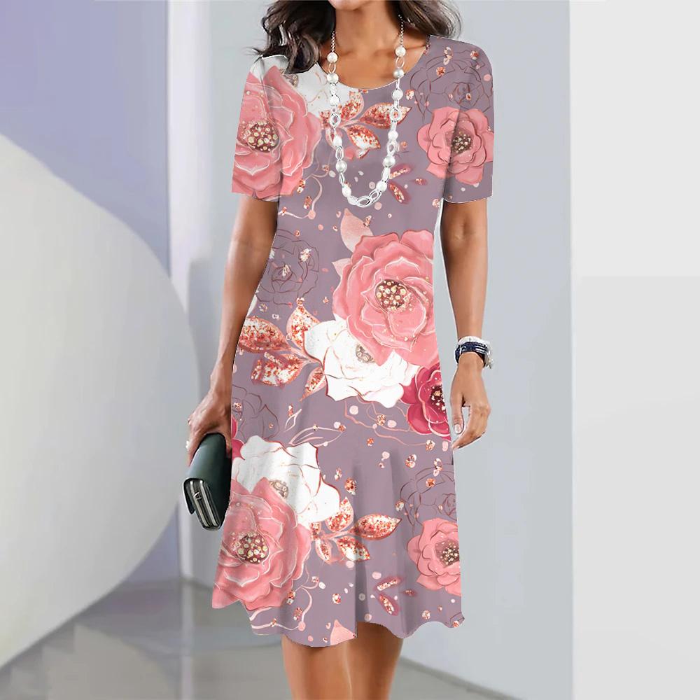 

Women s floral print evening dress, large size, round neck, loose skirt, casual and elegant evening attire, summer style S