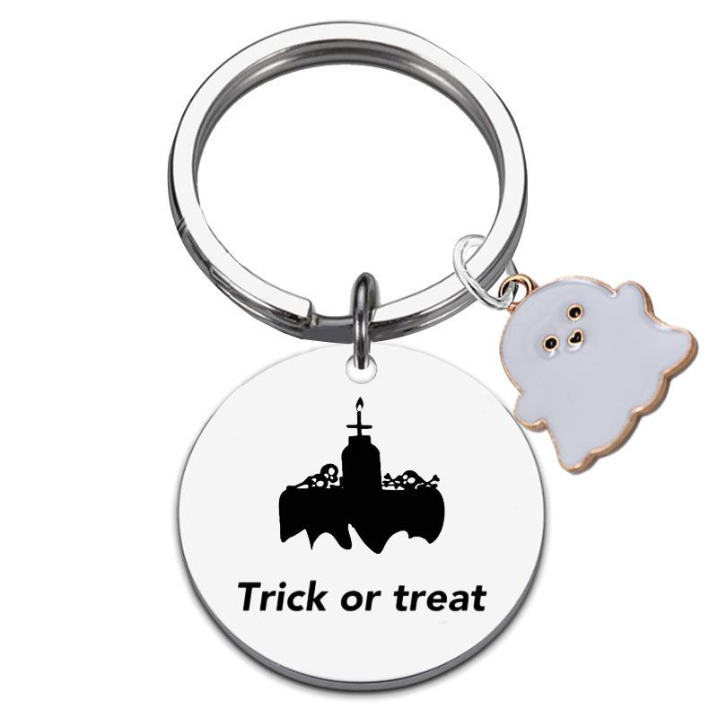 Halloween Gift Pendant Keychain Stainless Steel Laser Engraved Round Tag Hanging Ornament Stainless Steel Keychain for Backpack Bag Pendant